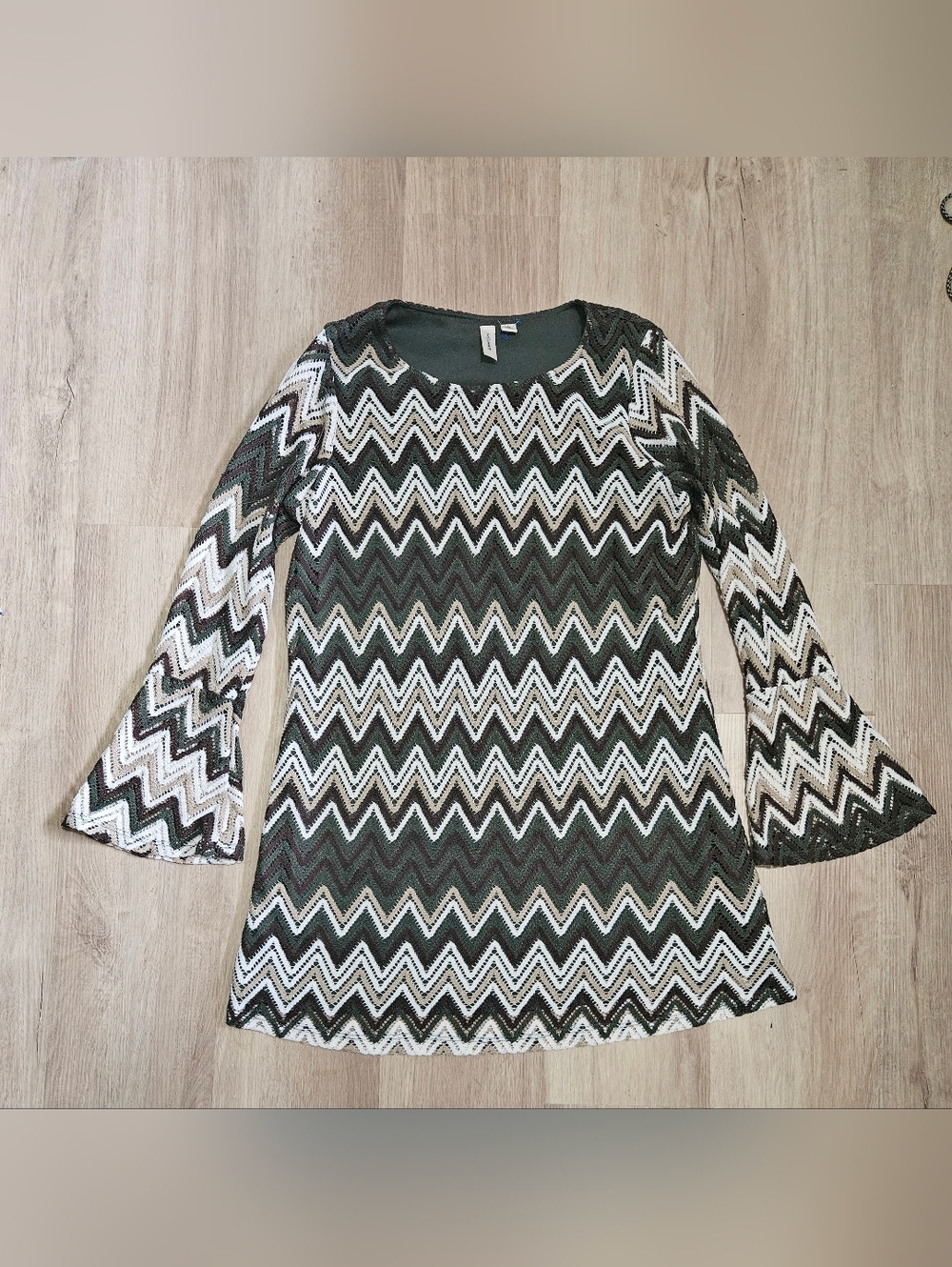 Tacera Olive Green Chevron Open Knit Bell Sleeve Boho Mini Dress Size L